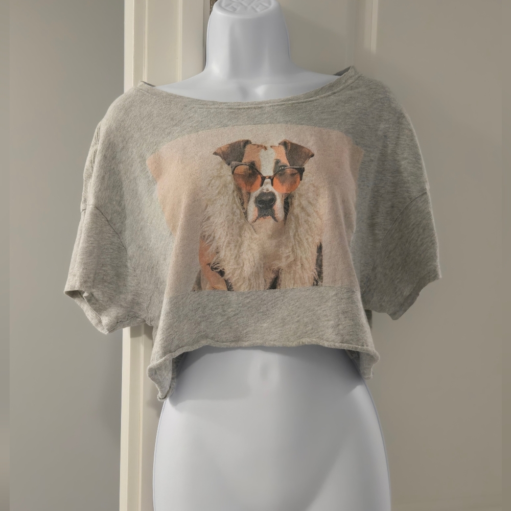 Offline by Aerie Women's Graphic Dog Tee Small Gray Cropped 100% Cotton T- Shirt